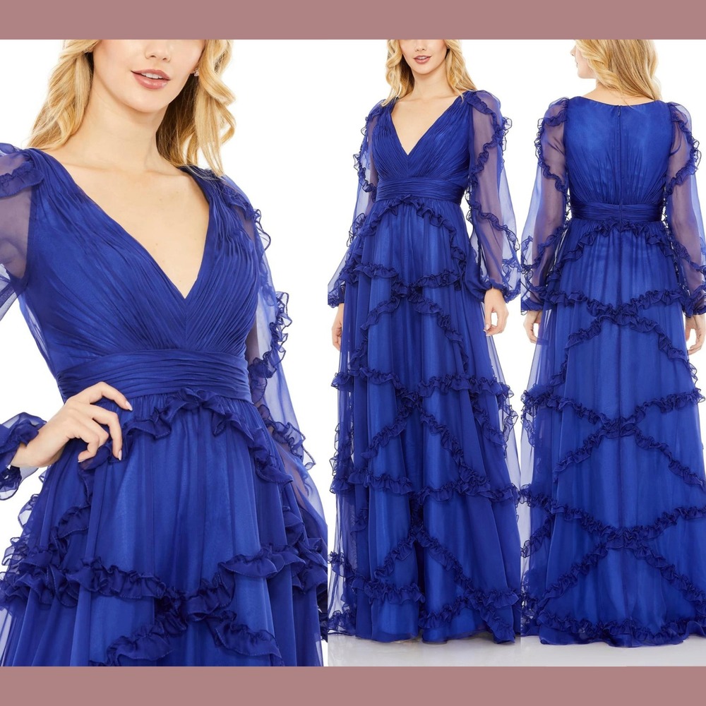 NWT Mac Duggal [ 8 ] 68223 Cascade Ruffle Puff Sleeve A Line Gown Sapphire J2249